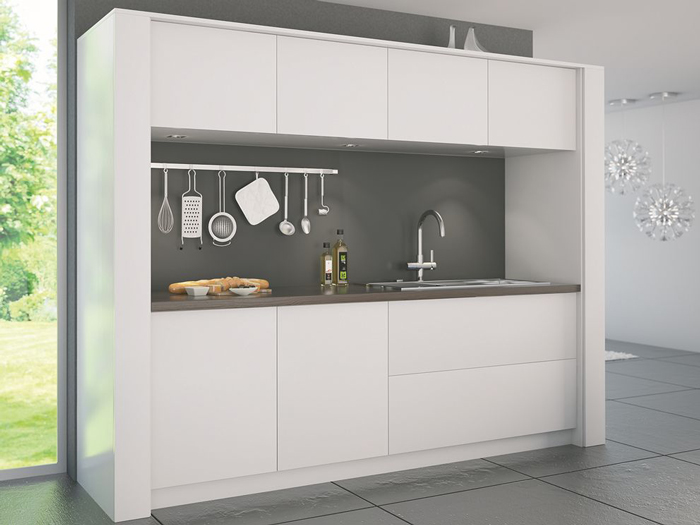 Hafele compact kitchen can fit anywhere in your home thanks to its single-wall layout and the flexible white color