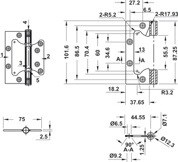 Butt hinge, Flush hinge, Bauma, 2 Ball bearings, Dimension: 102 x 75 x 2.5 mm