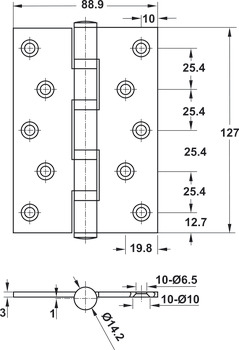 Butt hinge, 4 Ball Bearings, Stainless steel 304, Dimension: 127 x 89 x 3 mm