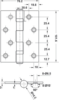 Butt hinge, 2 Ball bearings, Stainless steel 304, Dimension: 102 x 76 x 3 mm