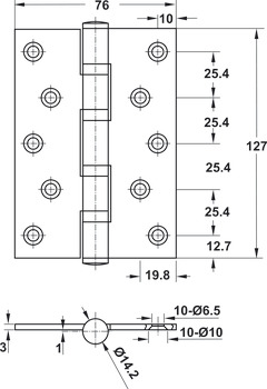 Butt hinge, 4 Ball Bearings, Stainless steel 304, Dimension: 127 x 76x 3 mm